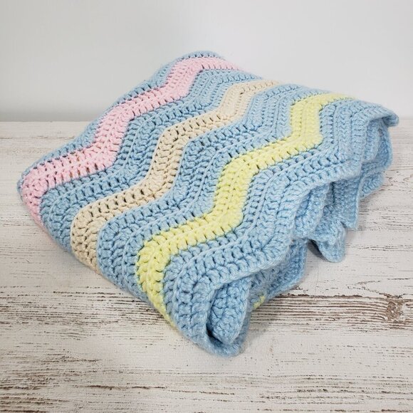 Handmade Pastel Chevron Pattern Crocheted Baby Blanket Blue Pink Yellow 43" X 52 - Picture 3 of 5